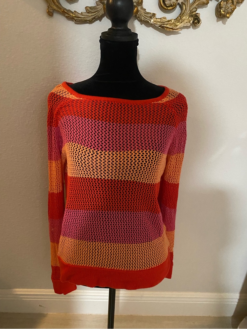 New 525 America Women's Open-Knit Stripe Sweater - Orange/Pink/Peach sm